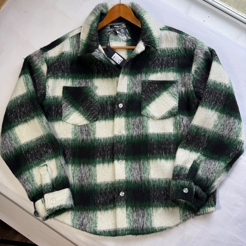 NovaMen Keystone Mohair Shacket Green Black Plaid Button Up Jacket Mens Size M